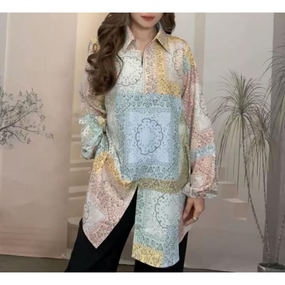 Asaya Atasan gaya retro kerah v model longgar motif cetak untuk wanita