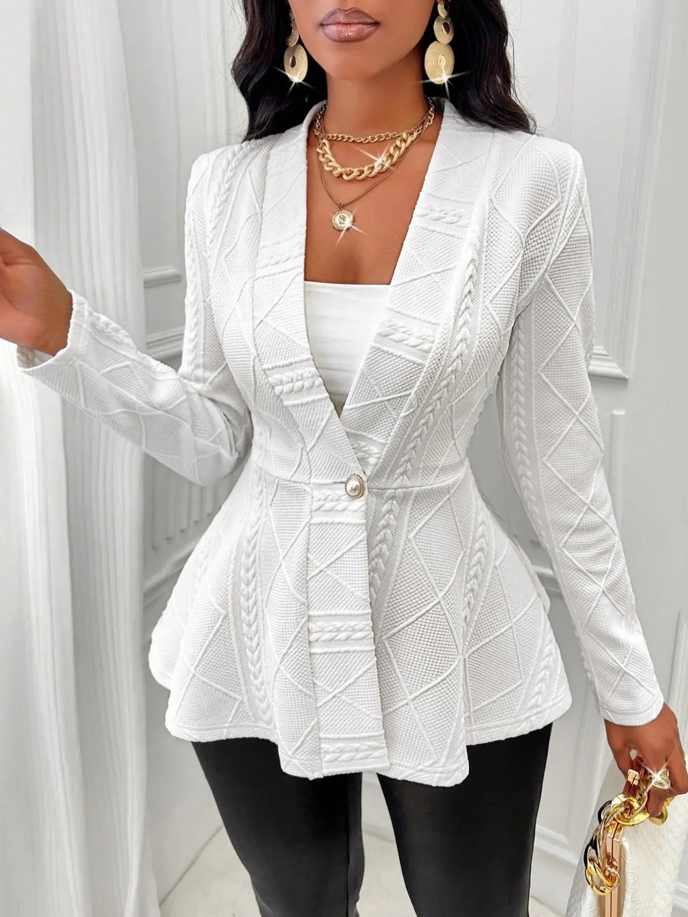 Women's Textured Faux Pearl Decor Button Front Peplum Hem Coat, Elegant Long Sleeve V Neck Outerwear for Fall, Ladies Clothes for Daily Wear, Rave Coat, Blazers