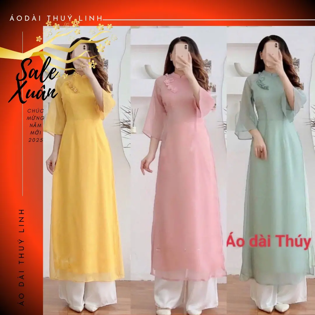 áo dài cách tân voan tơ trẻ trung tay suông hoa ngực - xưởng may Thúy Linh