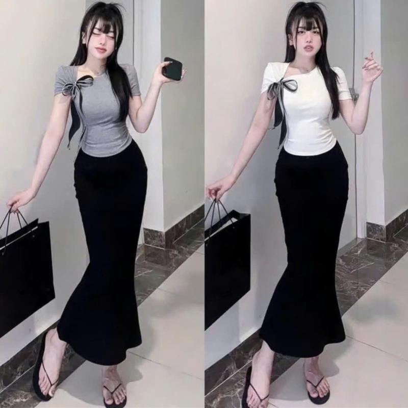 Set chân váy ôm đuôi cá kèm áo tay ngắn bầu phối nơ lụa - set bộ 745