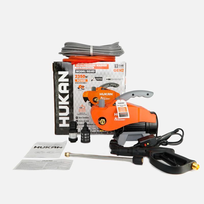 MÁY RỬA XE ĐIỆN G2-R3 - CÓ CHỈNH ÁP GEN2 Có công tắc chống giật Động cơ cảm ứng Điện áp : 220V 50-60Hz Công suất: 2350W Lưu lượng: 8 lít phút Áp lực: 60-150BAR Dây điện dài 2,5m
