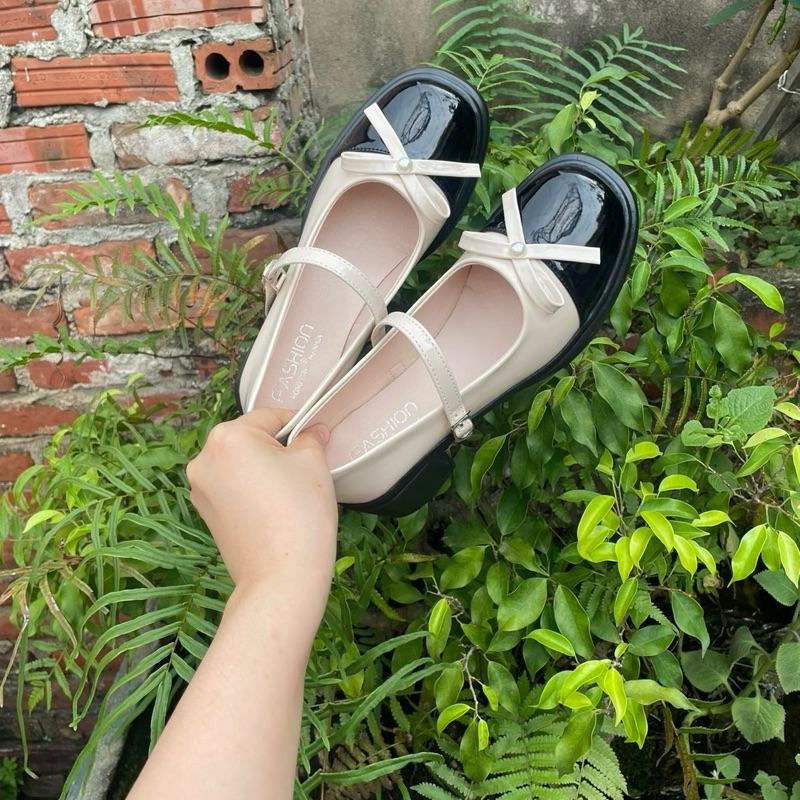 Giày lolita kem đen nơ ngọc xinh xắn quai cài chân nhỏ lùi 1 size.chân bình thường .chân dày tròn đặt chuẩn