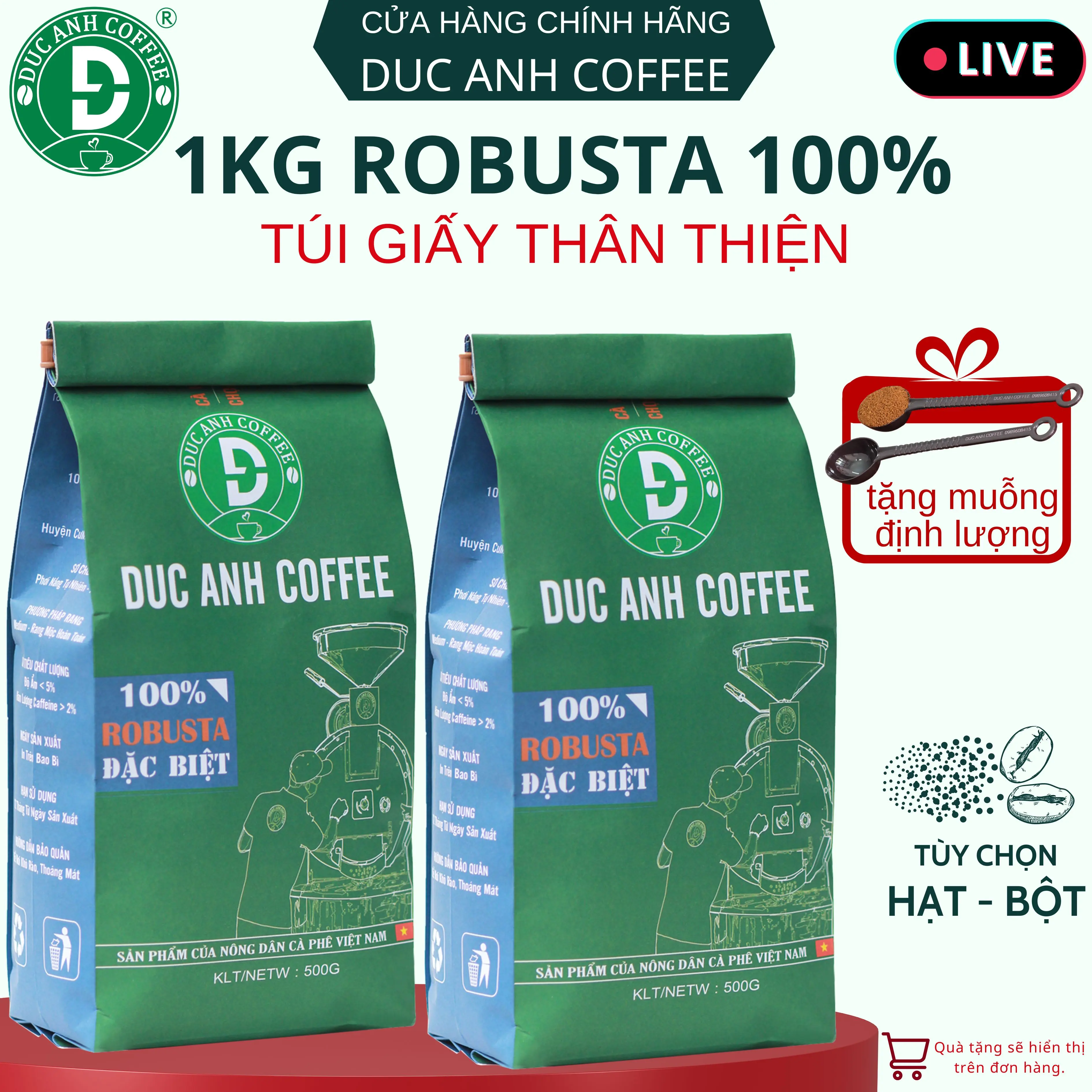 1kg Cà Phê Đặc Biệt Robusta rang mộc DUC ANH COFFEE Đậm Vị, Cafein Cao - 2 Túi 500g Tiện Lợi