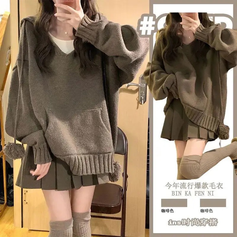 Bộ Đồ Mùa Thu Và Mùa Đông, Ngoại Cỡ, Cô Gái Đầy Đặn, Áo Len Phong Cách Mori, Phong Cách Preppy, Áo Len Có Mũ Trùm Đầu Cổ Chữ V Hàn Quốc, Váy Xếp Ly, Bộ Hai Mảnh 1