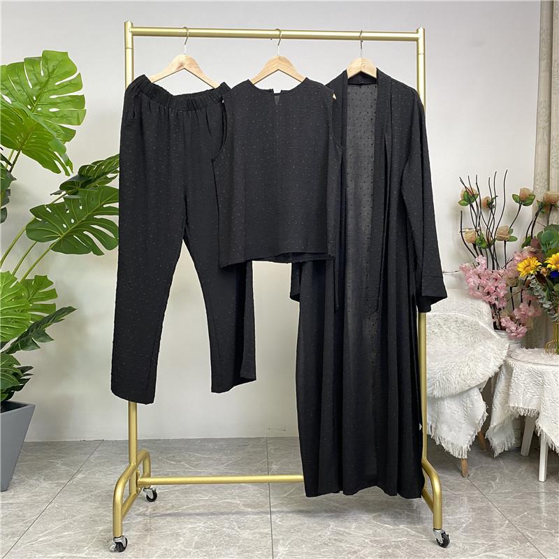 Product Introduction of Robe Three-Piece Set Long Cardigan Sleeveless Top and Pants with Pockets Muslim Islamic Clothing 1958 27