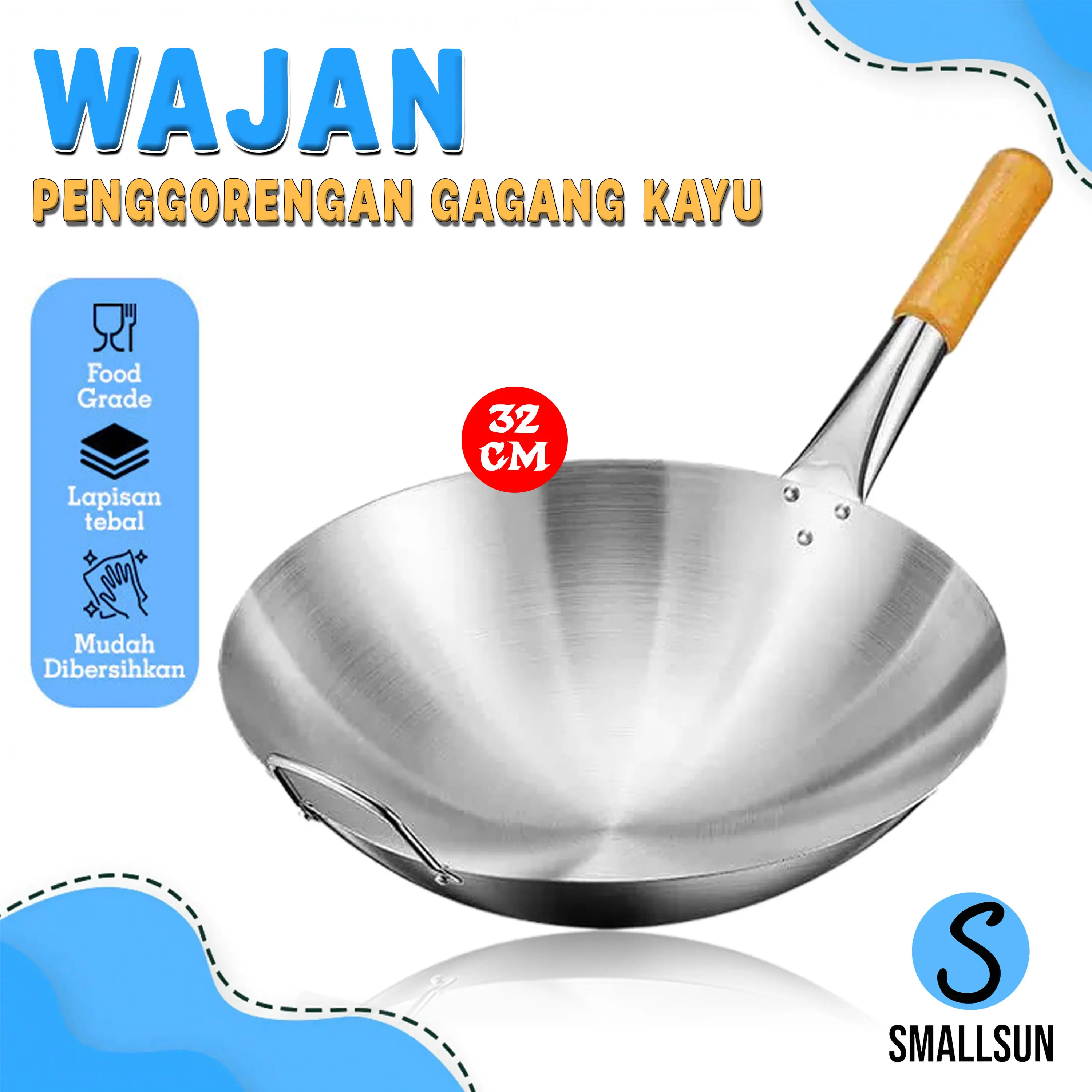 [SS] Wajan Penggorengan Stainless Steel 32cm Gagang Kayu Wok Kuali Tahan Panas