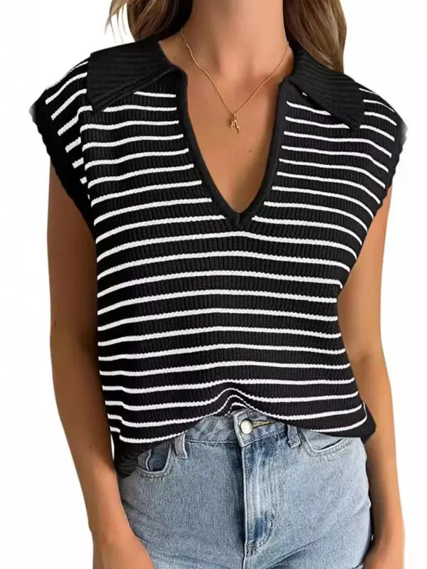 Women's Striped Pattern Sweater Pullover, Casual Cap Sleeve Jumper for Summer, Fashion Women's Knitwear for Daily Wear 0