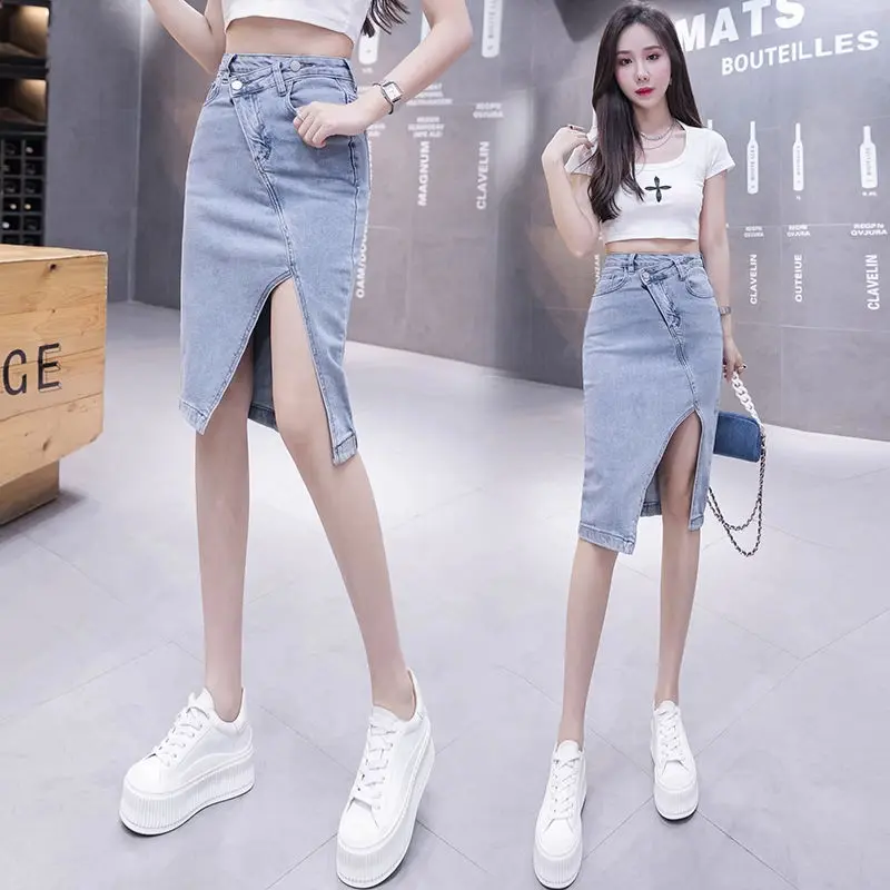 2024 New Irregular Slit Denim A- line Skirt Women's Mid-Length High Waist Hip-Wrapped One-Step Skirt