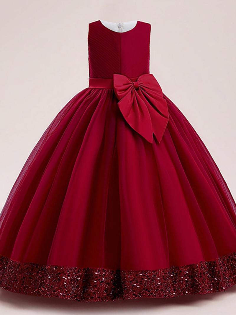 Product Introduction of Girl's Big Bow Decor Sleeveless Sequins Party Dress, Elegant Round Neck Fit & Flare Dress for Wedding Party, Kids Clothes for All Seasons, Girl Clothes 12