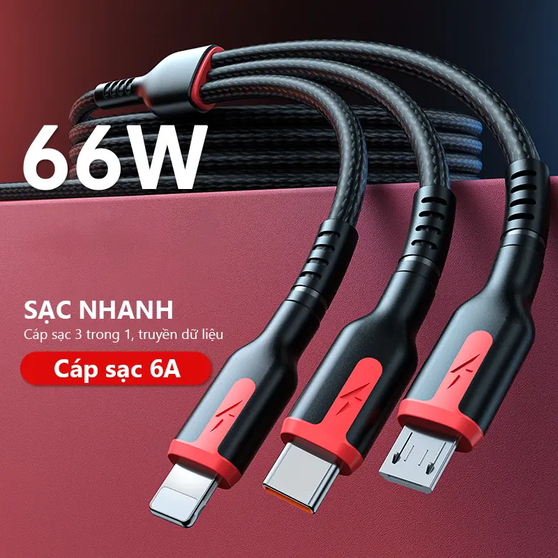 Dây cáp sạc nhanh 3 đầu 66W - eXtreme DS5101 cáp sạc đa năng 6A type C Android, Lightning Iphone - dây dù chắc chắn Phụ Kiện Sạc Điện Thoại