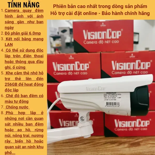 Camera nhìn đêm có màu cho biển, nơi sông nước, khu vực hồ rộng lớn Visioncop, phiên bản cao nhất 6.0MP và 4MP, kết nối wifi/4G/LAN, dùng độc lập hoặc qua đầu ghi ổ cứng, hỗ trợ khe cắm thẻ nhớ MicroSD len tới 256GB Micro SD camera  anninh