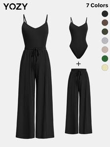 Yozy Adjustable Strap Bodysuit & Elastic Waist Pants Set, Casual Chic Solid Bodysuit & Drawstring Wide Leg Trousers, 2024 Back To School Wear, Two Piece Sets Holiday