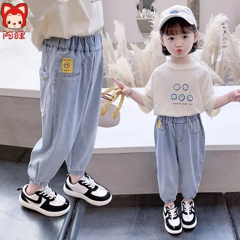 2025 Ali Children's Lyocell Denim Pants Summer Thin New Boy's Anti-Mosquito Pants Baby Girl Loose Casual Pants Fashion