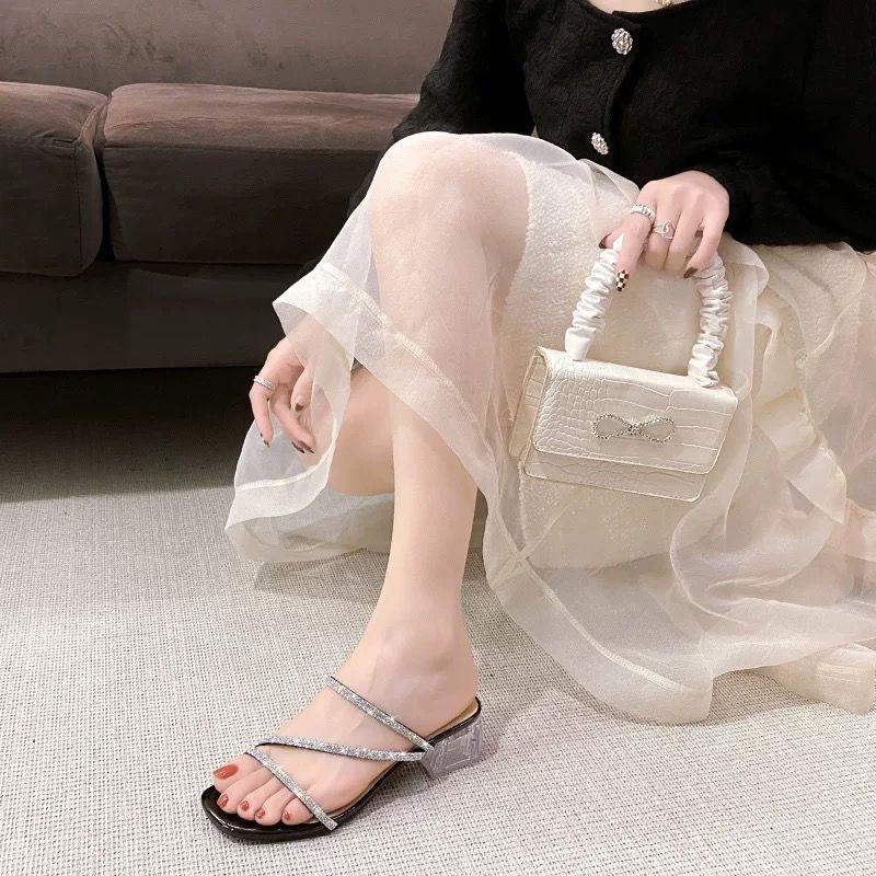 Product Introduction of Summer New Rhinestone Fairy Style Chunky Heel Two-Way Sandals Elegant Outdoor Crystal High Heels for Women 9
