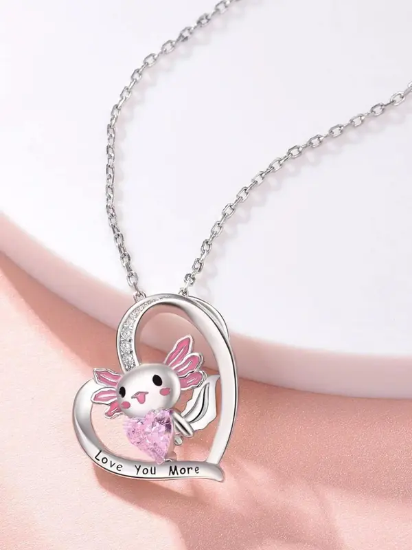Cute Cartoon Axolotl & Heart Rhinestone Pendant Necklace for Kids, Hollow Out Heart Letters Print Necklace, Fashion Jewelry for Party, Daily Clothing Decor, Trendy All-match & Exquisite Jewelry for Kids' Birthday Gifts, Valentine's Day, Gift 0