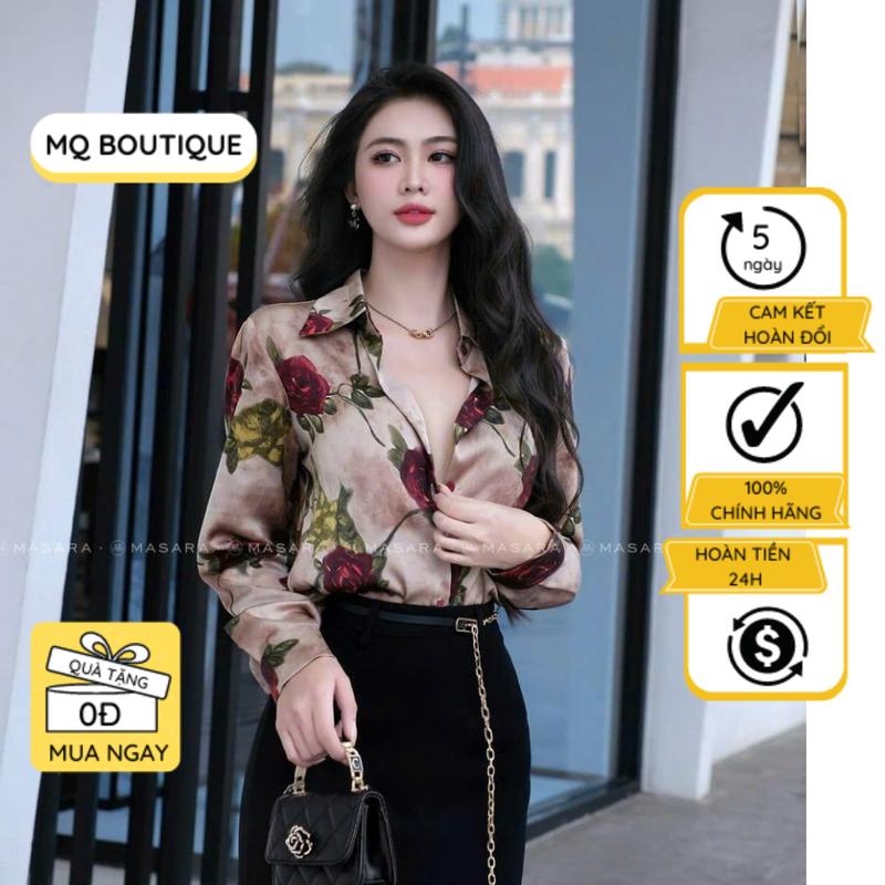 Sơ mi lụa hoa hồng bông MQ Boutique họa tiết hoa hồng to nền nâu mềm mịn mát nhẹ công sở dáng cơ bản