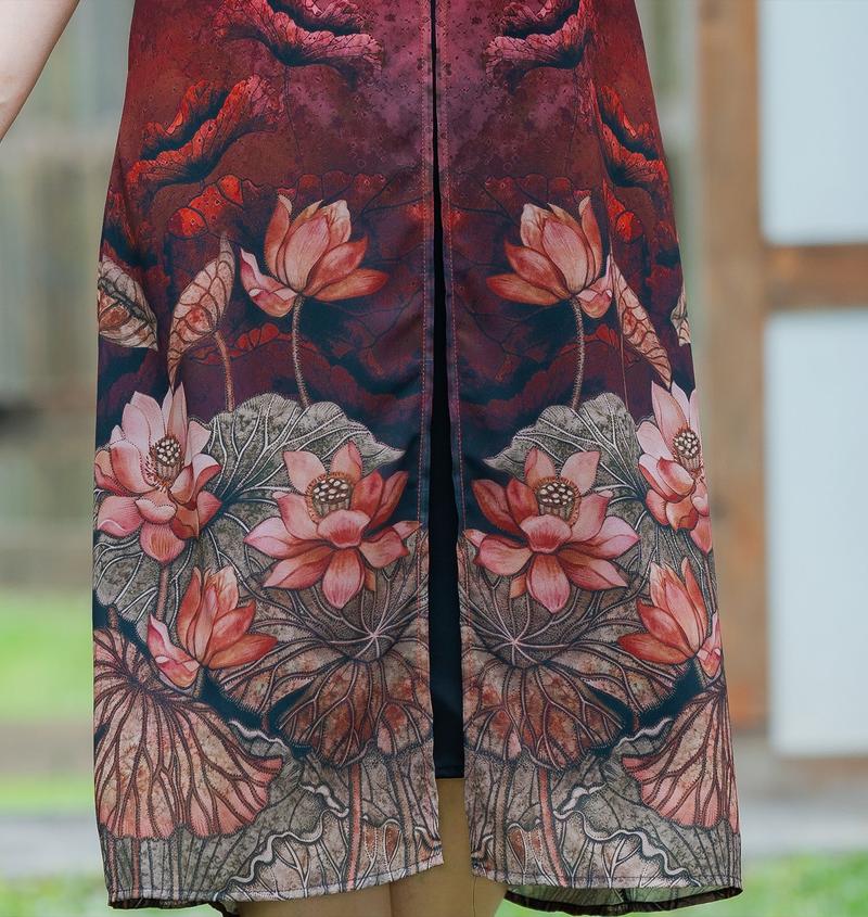Product Introduction of GOTI Thời Trang Trung Niên Cao Cấp Đầm Suông Voan Xẻ Tà In Hoa Sen Tay Ngắn Quý Phái 3406  Nữ Nhung Dress 32