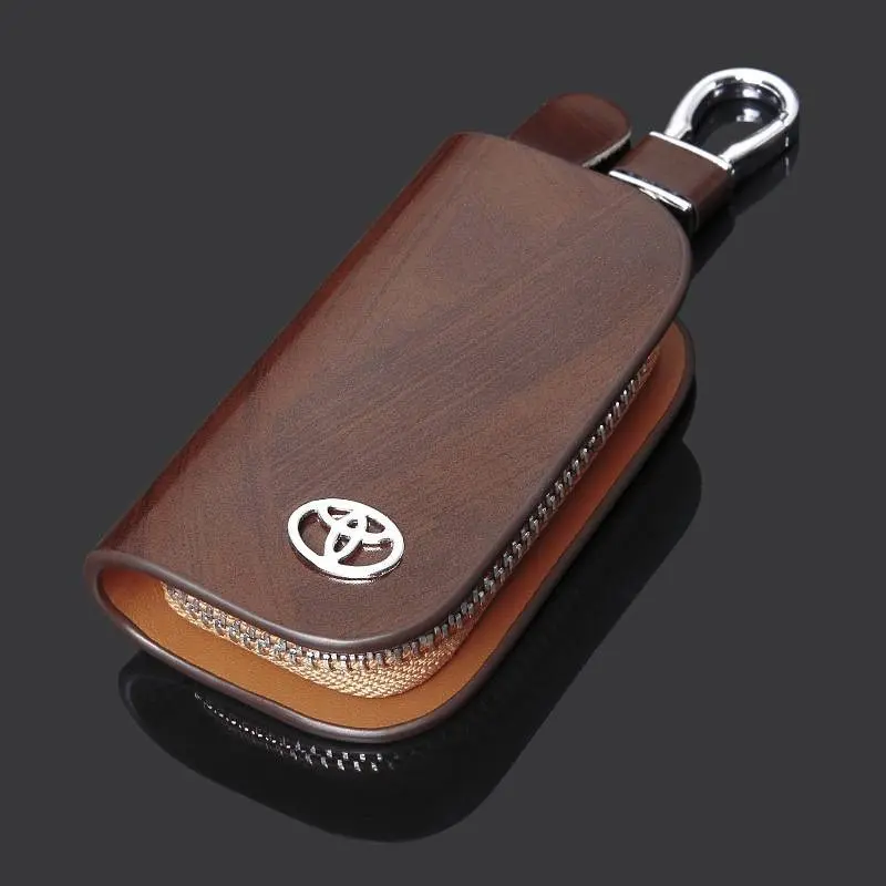 Car Key Case Leather Peach Wood Grain Car Smart Key Chain Keychain Holder Metal Hook and Keyring Zipper Bag for Remote Key Fob