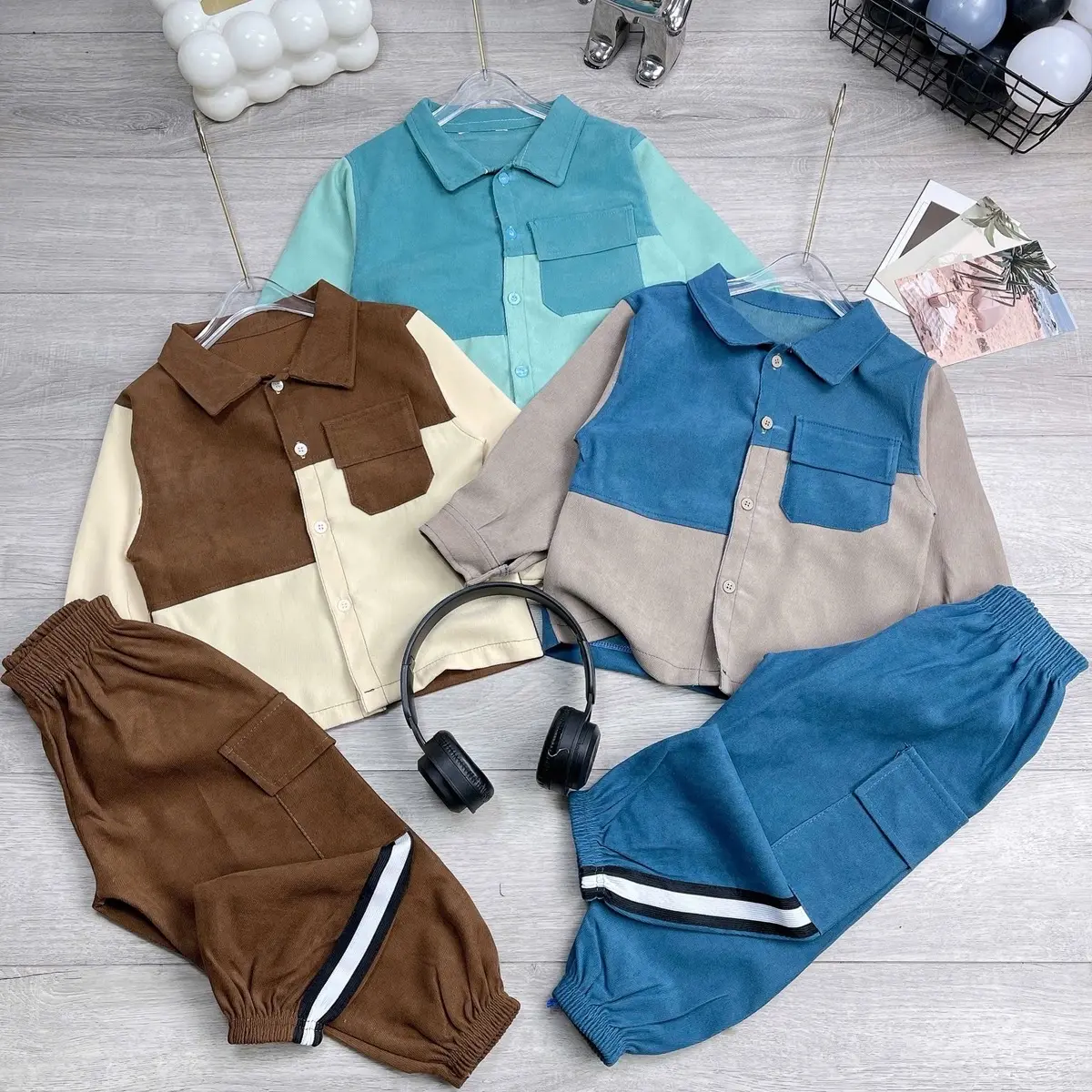 Bộ sơ mi bé trai phối ngực (M5) chất thô nhung mịn sịn phù hợp thời tiết thu đông,size nhí nhỡ đại,Qc cao cấp bo tay