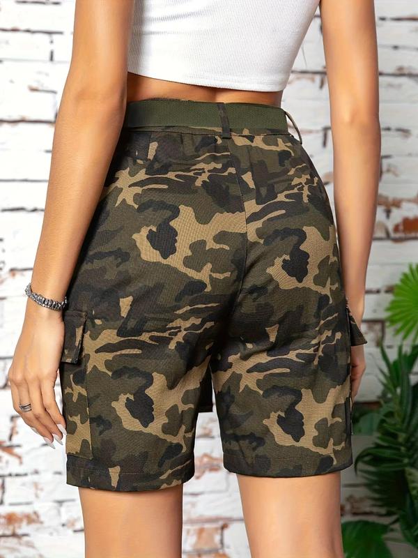 Women's Camo Print Belted Cargo Shorts, Casual Pocket Design Shorts for Summer, Ladies Bottoms for Daily Wear 2