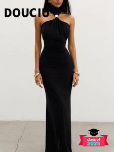 DOUCIU Intellectual Elegant Mature Beautiful Sexy Simple Women'S Summer Party Solid Color Long Neck Straight Slit Dress