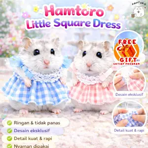 Hamtoro Little Square Dress | Dress Kotak Biru Pink | Aksesoris Hamster Imut | FREE Gift
