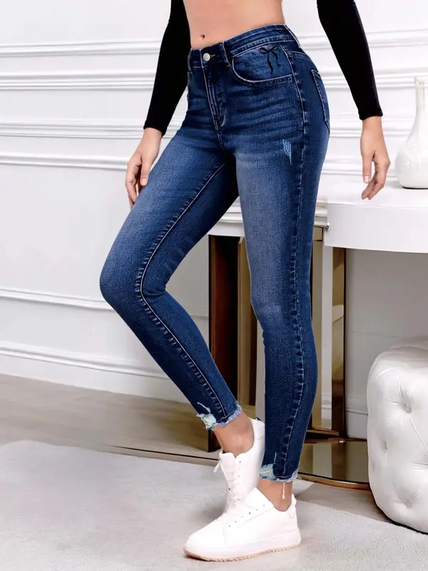Women's Plain Raw Hem Skinny Jeans, Casual Comfy Denim Jeans for Daily Wear, Ladies Bottoms for All Seasons 2