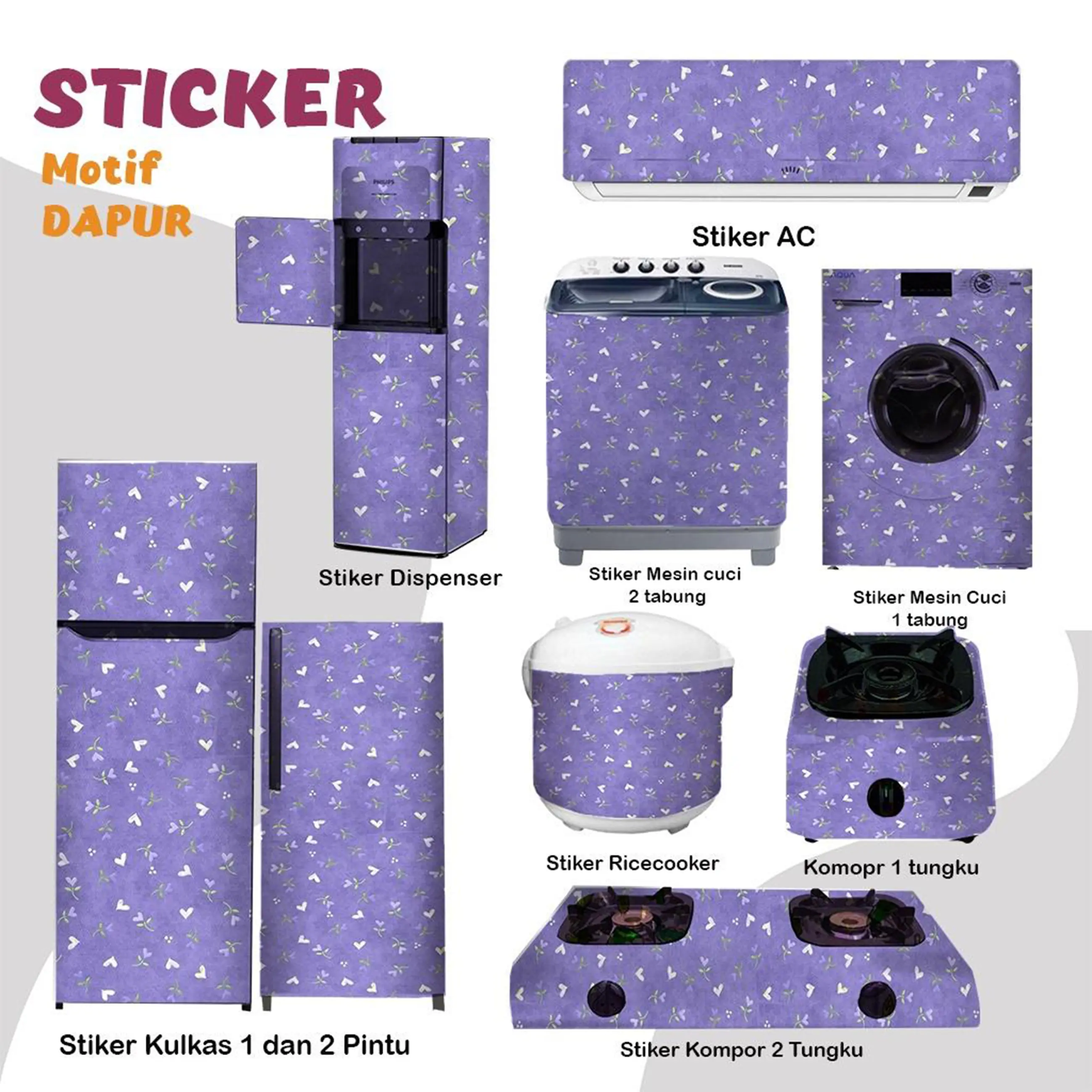 Set stiker dapur  kulkas kompor mesin cuci 1 2 pintu tabung mata Rice Cooker Dispenser Ac dapur ungu Sticker