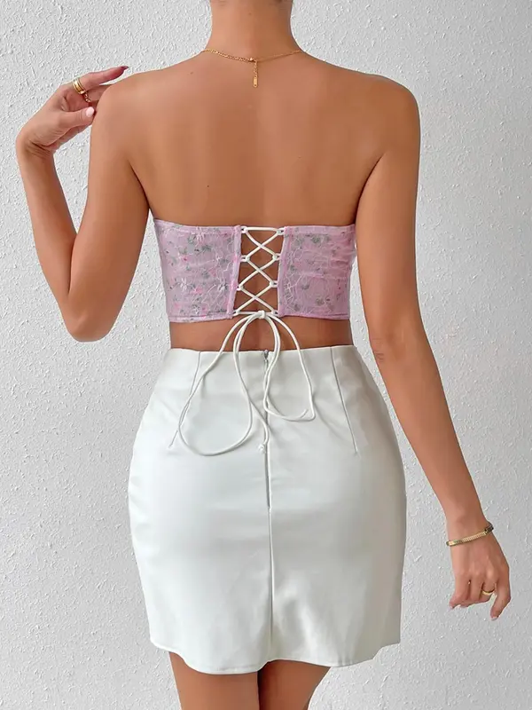 Women's Ditsy Floral Lace Up Criss Cross Backless Crop Tube Top, Summer Clothes Women, Fashionable Hanky Hem Sleeveless Top for Summer, White Tube Top, Summer Tops, Lady's Top for Beach Holiday Vacation, Summer Womenswear 3