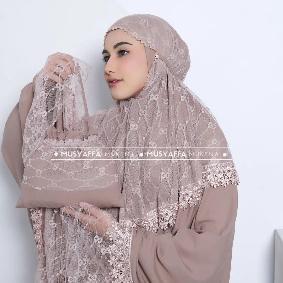 Mukena Dewasa Merisha Tile Brukat atasan bawahan rempel  renda  muslim  katun  mewah  cantik  motif panjang Travel Mukenah Pouch