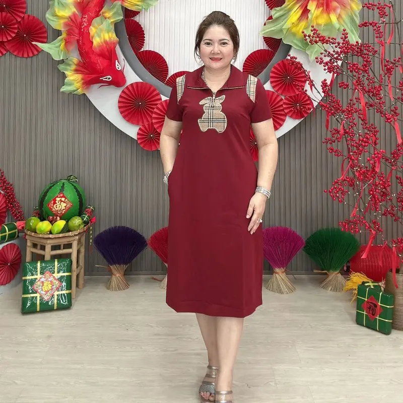 Đầm suôn trung niên quảng châu đơn giản thanh lịch Min Shop  Voi Dress Voan Sen- Nữ, Women Đỏ 6