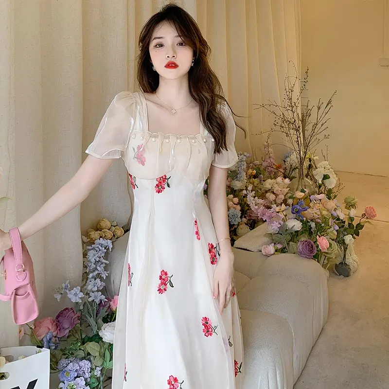FANMU Gaun ramping leher persegi retro pinggang tinggi Perancis/dress vintage/dress pesta