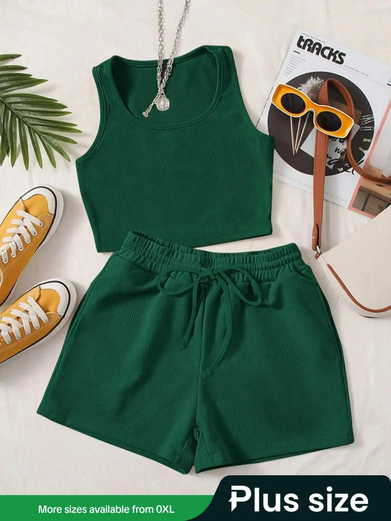 【Plus Size】 Two-Piece Set Solid Tank Top & Drawstring Waist Shorts Set, Casual Lounge Sleeveless Top & Shorts, Women's Summer Outfits