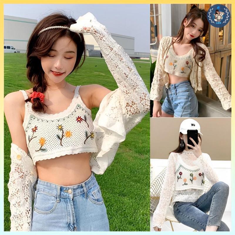 💥[A162] Áo 2 DÂY sang chảnh len LƯỚI Montoghi hàng dệt kim Croptop nữ ngắn THÊU HOA mặc được NHIỀU KIỂU siêu xinh - L2M (Top Nữ Women Nhung ) 【 hoa hồng 】 1