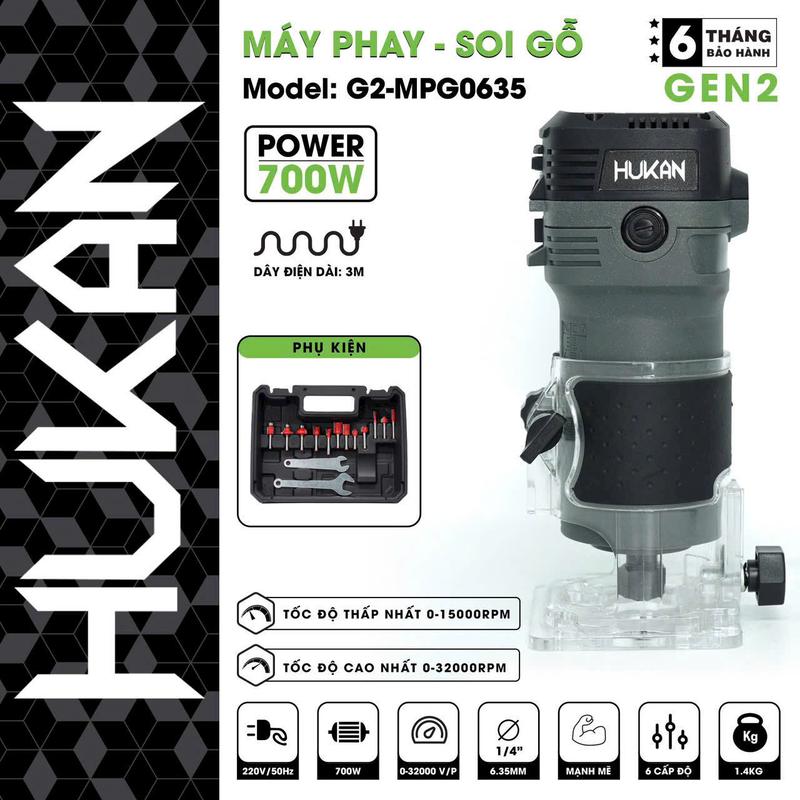  Máy phay gỗ HUKAN G2-MPG0635 Công suất 700W 6 Tốc độ Đường kính mũi 6.35mm - Tặng 14 chi tiết 