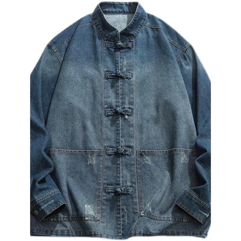 Retro Chinese Style Washed Denim Jacket For Men Spring Autumn Long Sleeved Stand Collar Top Fashion Vintage Ethnic Shirts Coat 4