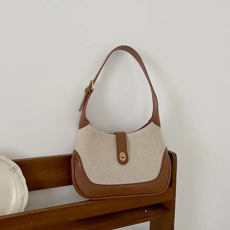 2025 Spring Summer New Bag Retro French Canvas Patchwork Shoulder Underarm Bag Color Block Handbag Baguette Bag
