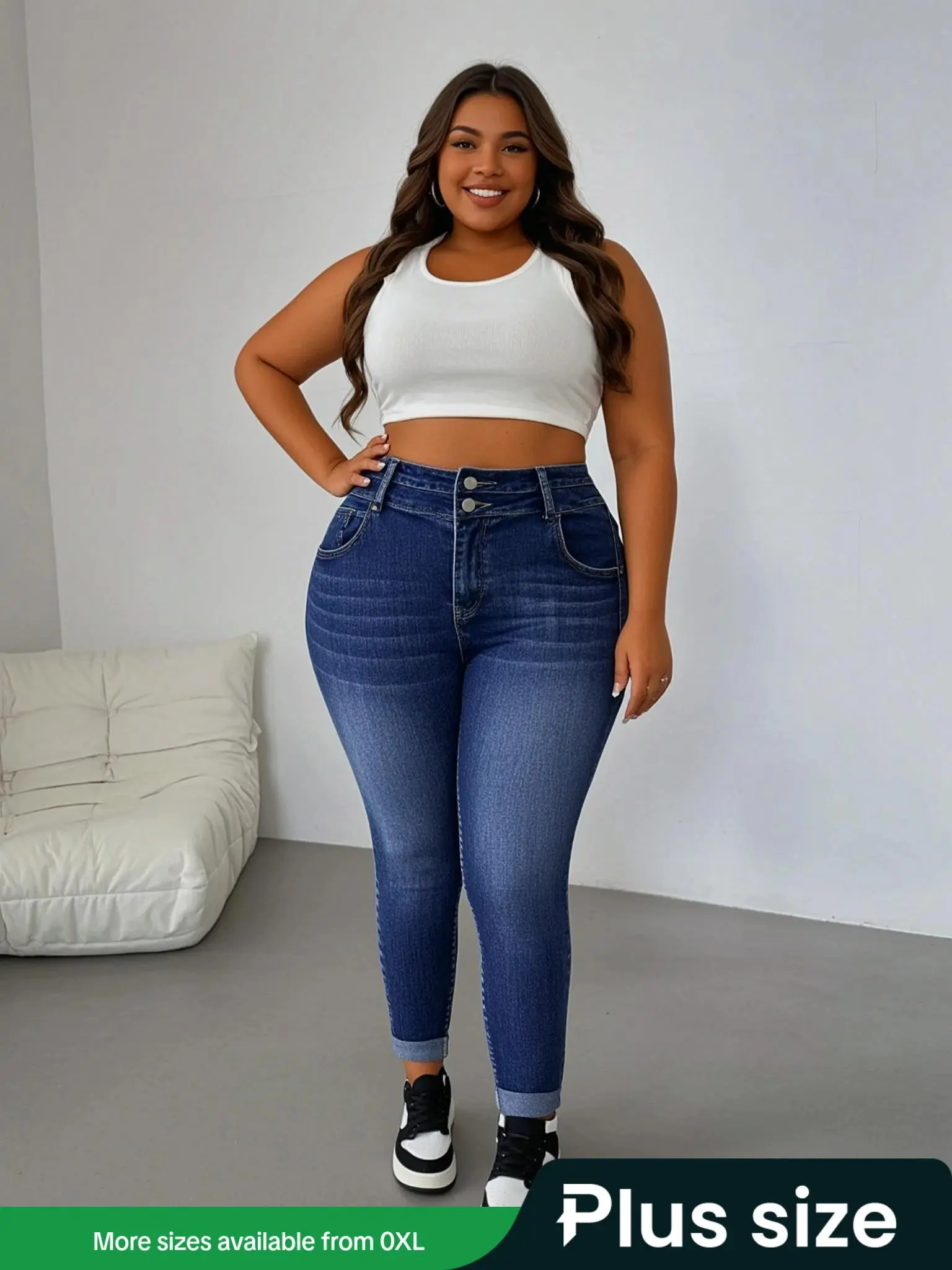 【Plus Size】 Solid Color Denim Jeans, Casual Comfy High Waist Skinny Jeans for Daily Wear, Women's Bottoms for All Seasons