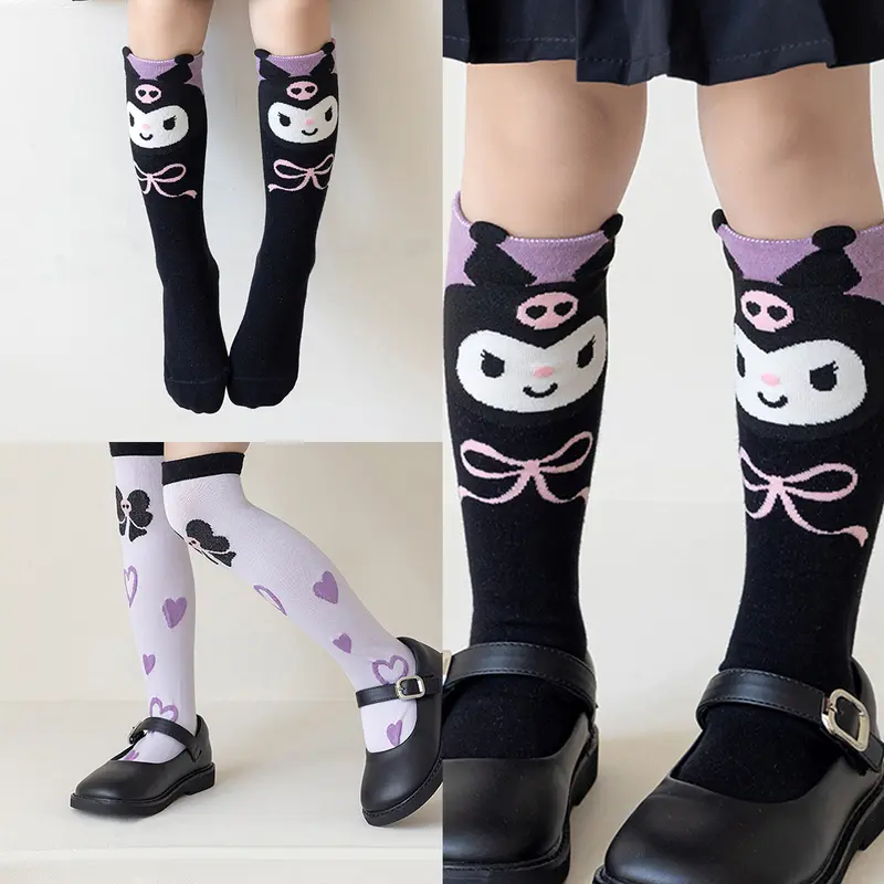 Vớ Cotton Nguyên Chất, Thiết Kế Anime Kuromi Kawaii, Dành Cho Trẻ Em, Vớ Dài Trung Bình Cô Gái Hoạt Hình Dễ Thương, Vớ Bắp Chân Lưới Hình Thoi 0