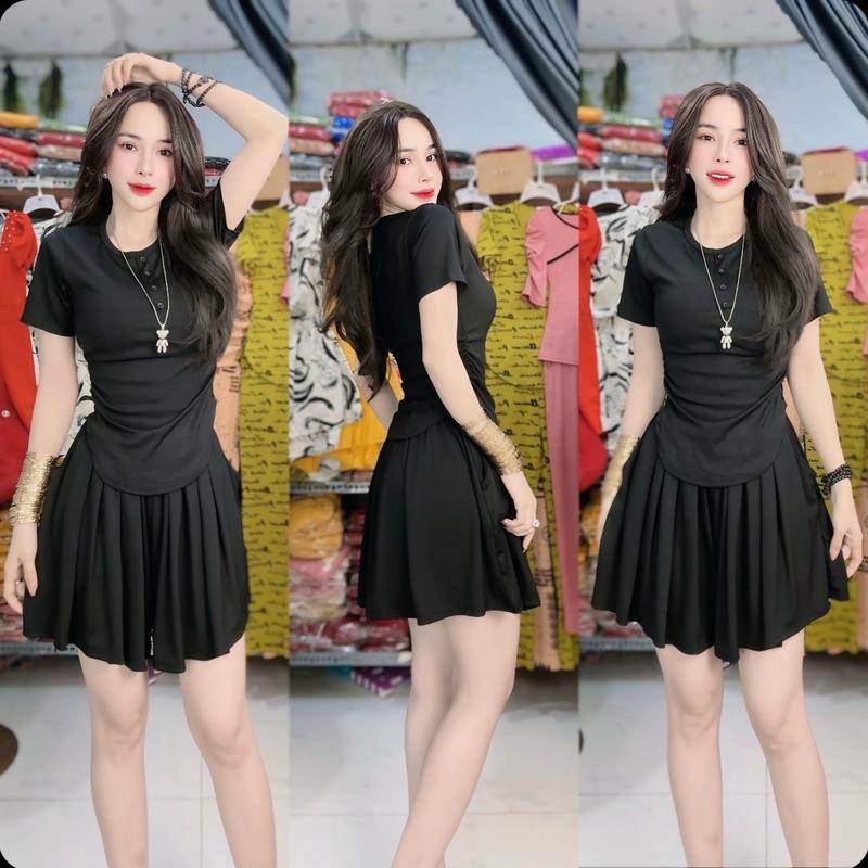 Mã C207 Sét Đùi Áo Cổ Tròn Tay Con Vạc Bầu Quần Đùi Xoè Rộng Thun Gân Tăm Lạnh (có lót trong) - Huyền đồ bộ xinh