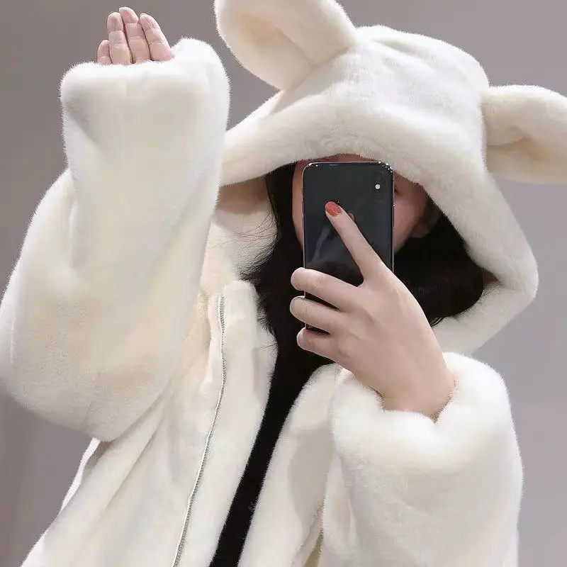 Áo Hoodie Nữ, Ruo Bei Xuan, Năm 2024, Dài Trung Bình Chất Liệu Nhung Dày, Thiết Kế Tai Gấu Dễ Thương, Dáng Rộng Vừa Vặn, Áo Khoác Len Mùa Đông Top Women