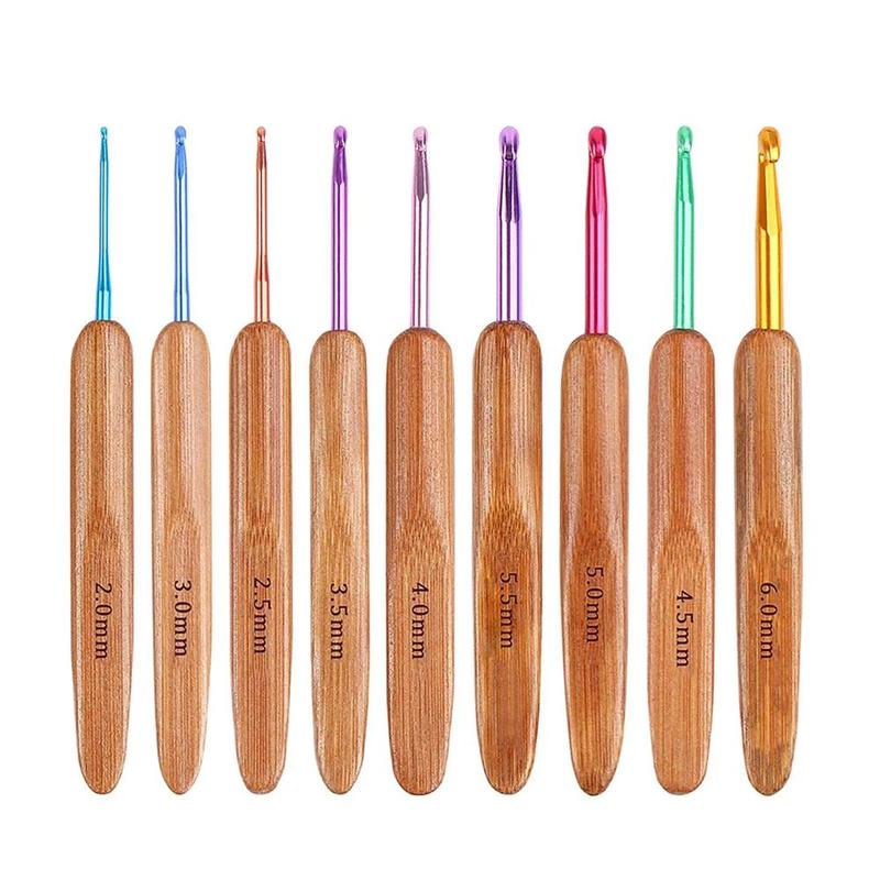 2mm-6mm Bamboo Knitting Needles Set, 9 Counts Multicolor Knitting Hooks Set with Wood Handle, DIY Crochet Hooks Needles for Yarn Handle 4