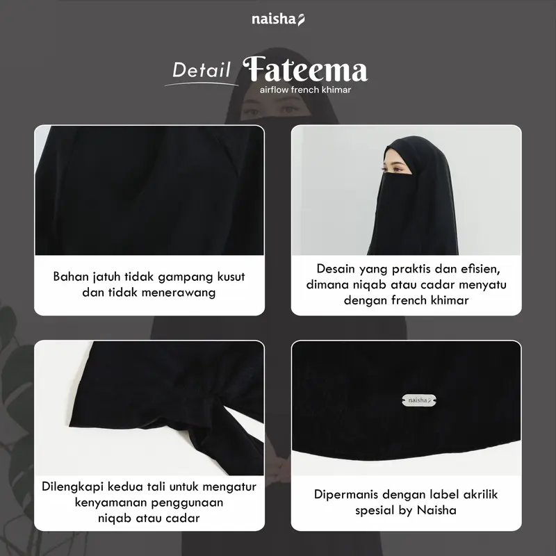 Naisha - Fateema Airflow French Khimar Crinkle Panjang Muslim Umroh Jilbab Syari Instan Kerudung Hitam Crinkle Panjang 4