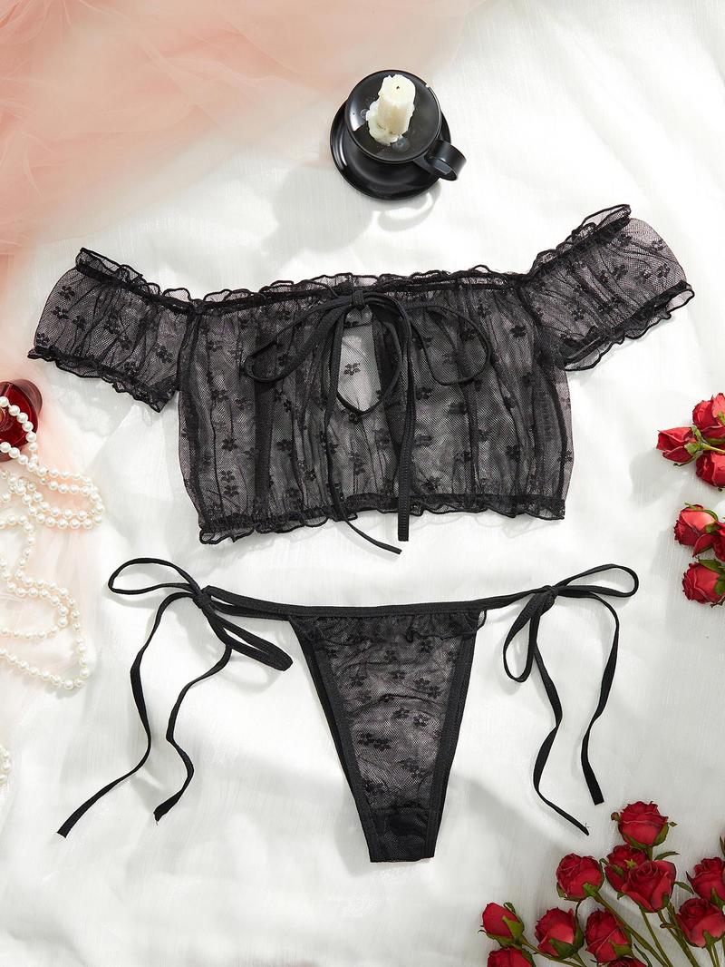 Product Introduction of Women's Ditsy Floral Print Sheer  Lettuce Trim Bra & Thong Sexy Two-piece Set, Sexy Frill Trim Bra & Tie Side Panty Set, Women's Lingerie Set for All Seasons 1