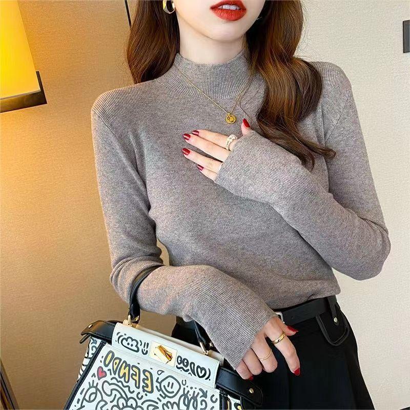 Áo Len Cổ Lọ Nửa Đầu, Dễ Phối Đồ Dành Cho Nữ, Dài Tay, Áo Dệt Kim Bên Trong, Hàng Mới Về Thu Đông 2024