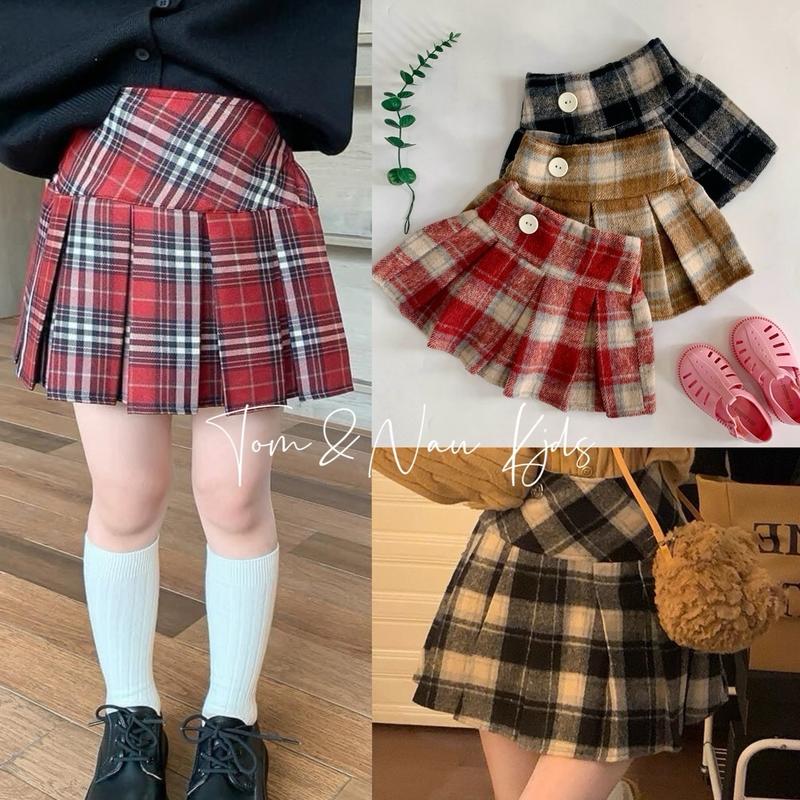 CV4-[Tom&Nau Kids] Chân váy xếp ly caro bé gái gắn Nút có lót trong - Size 8-35Kg