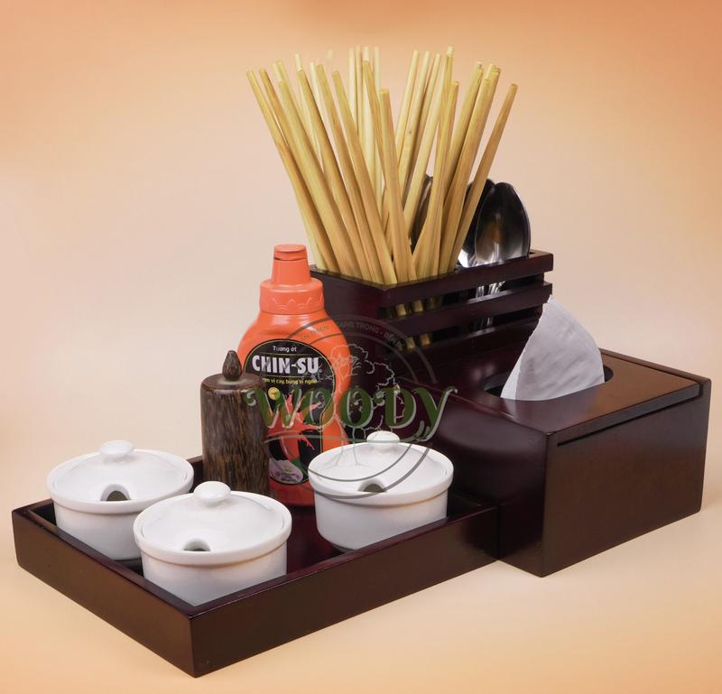 Bộ Khay Hộp Đựng Giấy Ăn Thìa Đũa Gia Vị Bằng Gỗ Chuyên Dùng Cho Quán Ăn Sáng Quán Cơm Nhà Hàng -Comboo Số 1