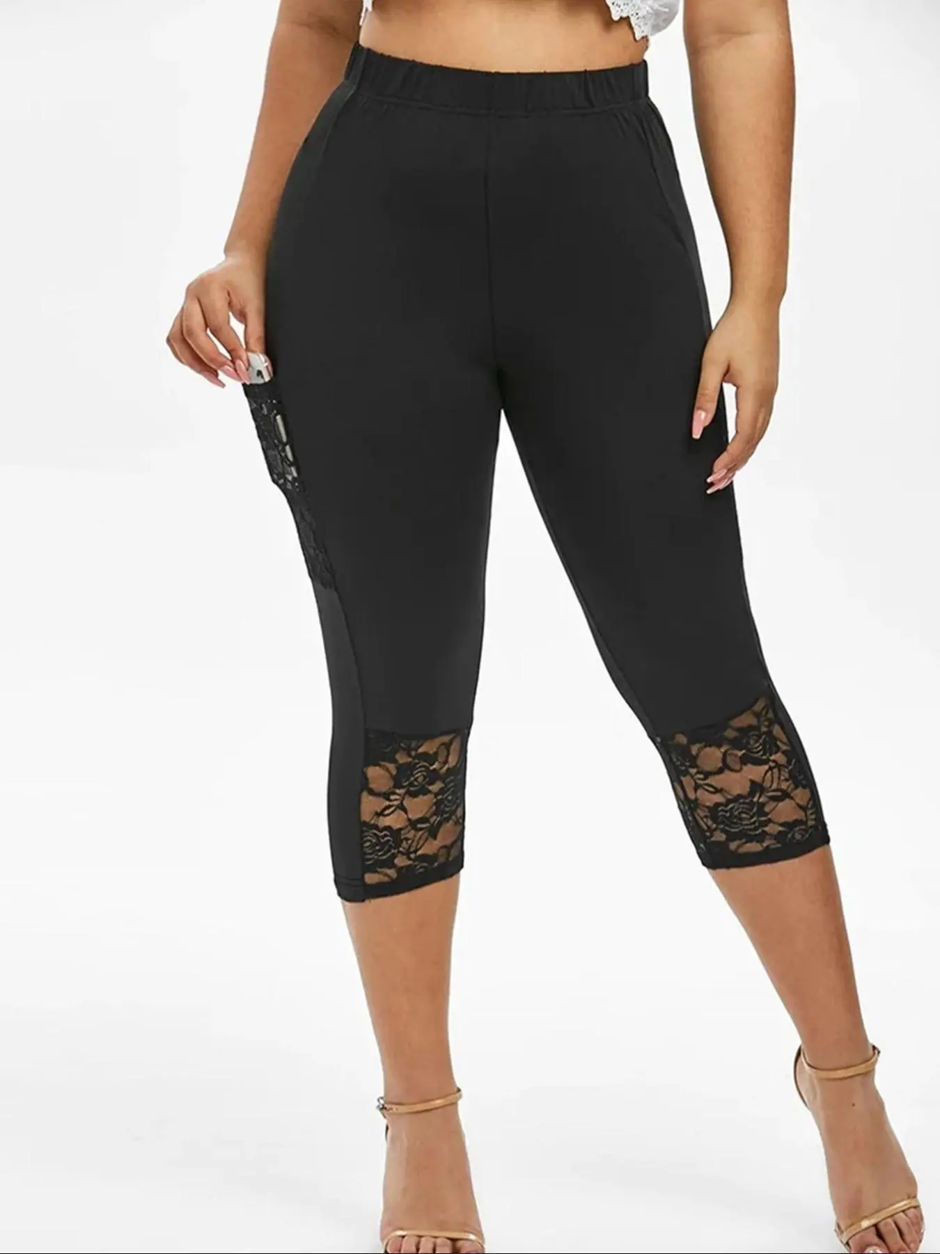 Women's Plain Contrast Floral Lace Capris Leggings, Casual Comfy Breathable Skinny Pants for Daily Wear, Ladies Bottoms for Summer