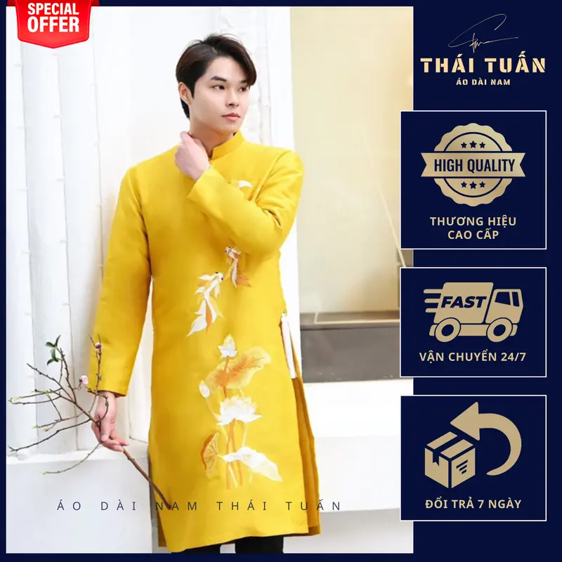 Áo dài nam THÁI TUẤN thêu hoa sen vàng cá chép, full size từ 48-105kg - TT236 0