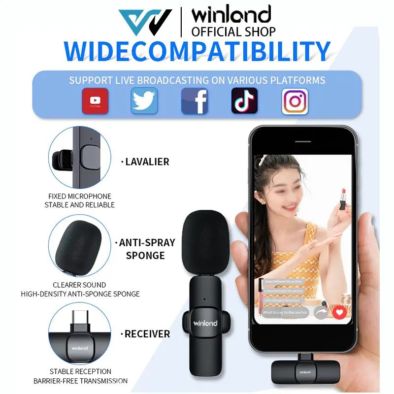 【COD】Flash Sale Winland Wireless Microphone Lapel Portable Mini Mic for iPhone Android Phone live broadcast-Garansi 1 tahun Wireless IDO type Cover UHF (Wireless) Mikrofon Bluetooth 7